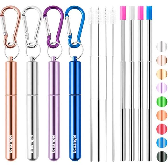 Cruise Ship Essentials,4-Pack reble Collapsible Stainless Steel Drinking Straws with Aluminum Case,Cleaning Brush,and Keycha-Silver,Blue,Red,Green