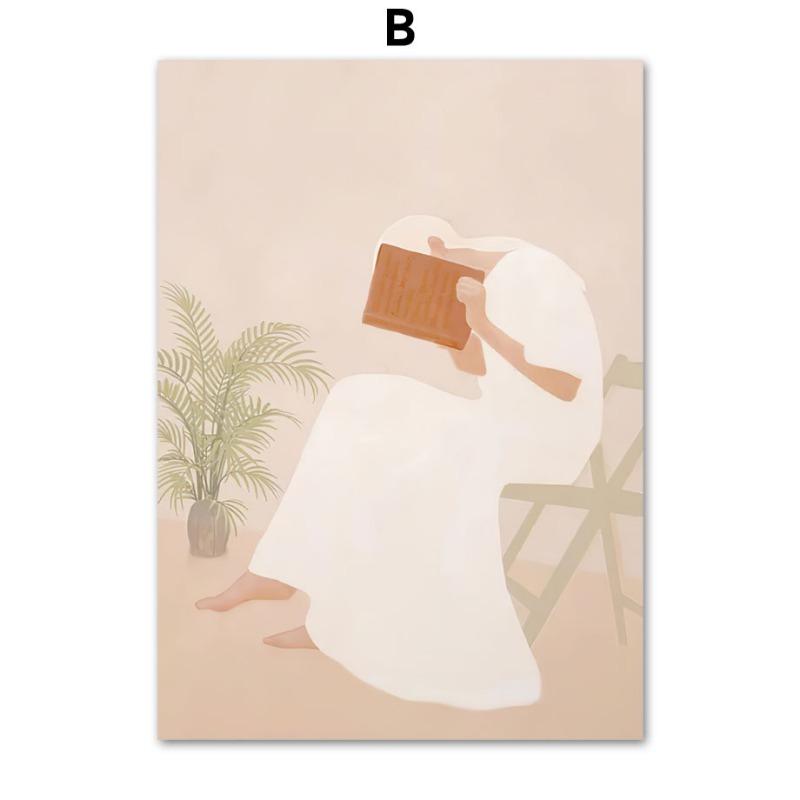 Girl Book Cat Leaf Illustration Wall Art Canvas Painting Abstract Posters & Prints Hotel Bar Wall Pictures For Living Room Decor