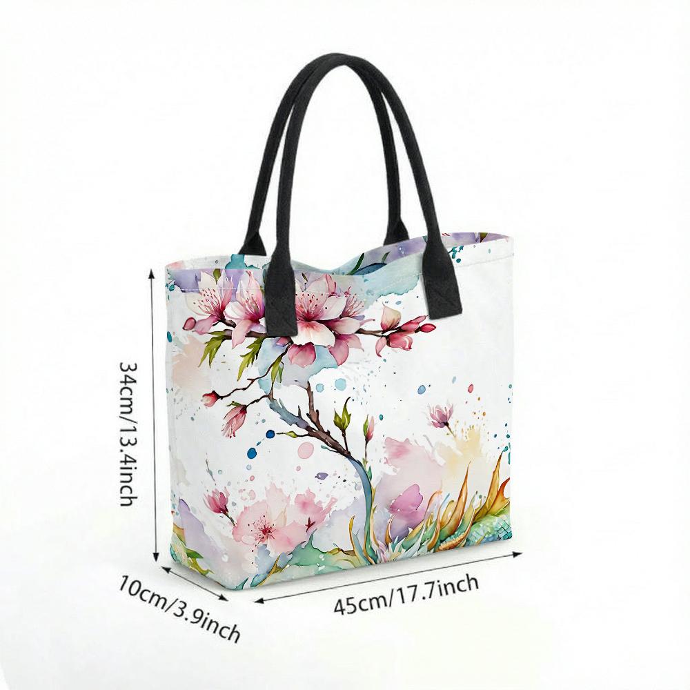 Watercolor Peach Blossom Print Casual Portable Large Capacity Shopping Tote Bag