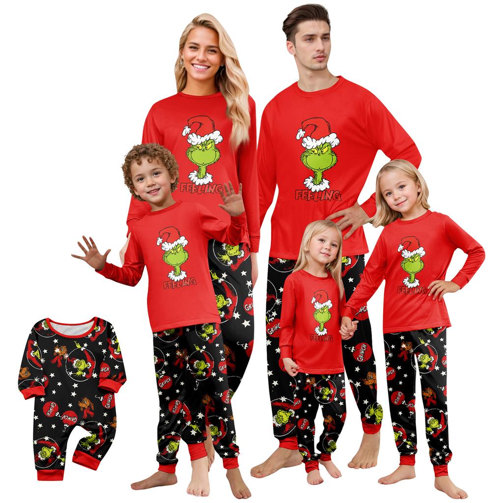 Matching Family Pajama Set with Round Neck Long Sleeve Top and Pants for Women and Kids, Fun Print Loungewear