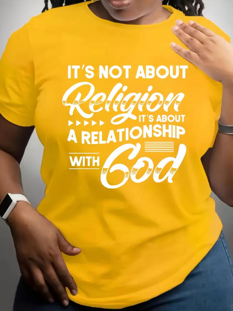 Women Short Sleeve T-Shirt Vibrant Yellow Inspirational Relationship with God Quote Print Casual Round Neck Top for Summer Fall