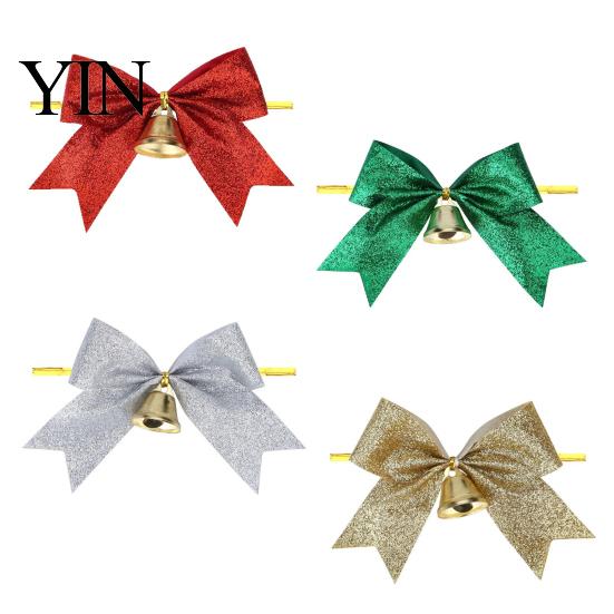 Decorative Bows with Bells 2 Pcs Christmas Bell, 4 Inch Glitter Ribbon Bows, Pre Tied Hanging Holiday Ornaments Xmas for Gift Wrapping, Wreath, Tree,