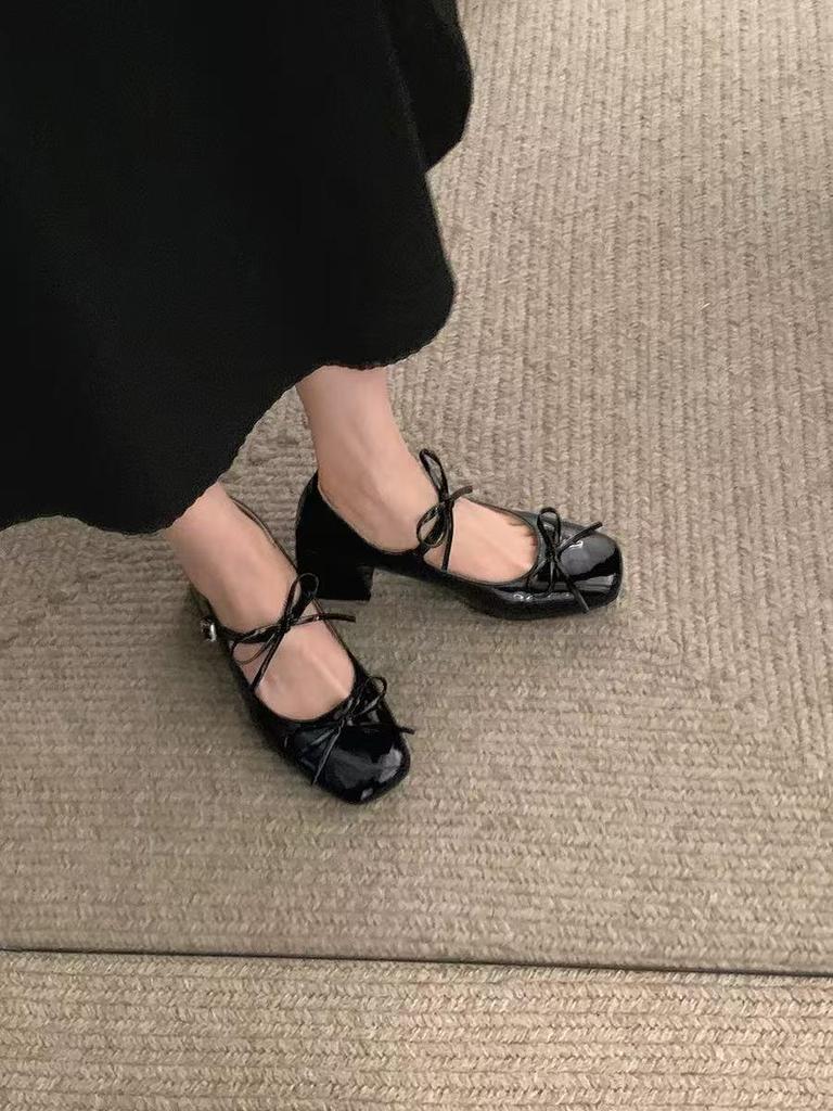 2025 New Versatile Silver French Bow Mary Jane Skirt Shoes - Women's Chunky Heel Spring Edition