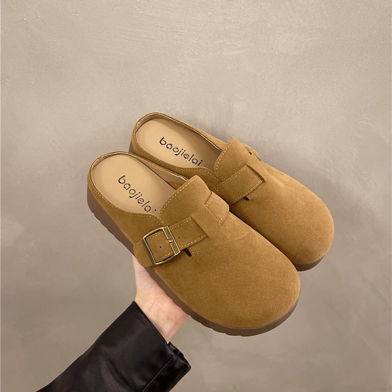 Fashion Faux Suede Flat Birken Slippers Women Autumn Vintage Close Toe Mules Shoes Woman Soft Sole Cork Slides Outdoor Slippers