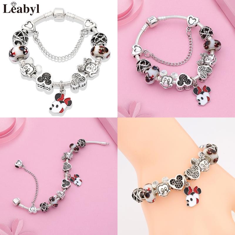 Potdemiel Pink Enamel Crystal Minnie Charm Bracelets Silver Color Heart Cartoon Bead Jewelry for Women Girl Gift