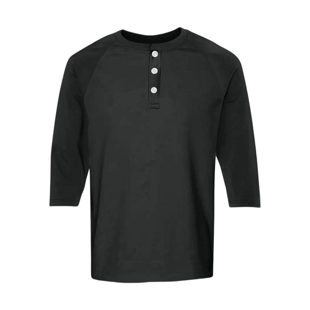 Men's Henley Neck Raglan Sleeve Three Quarter Length Shirt Button Placket Casual Lightweight Soft Fabric Top