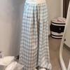 Korean Style Light Blue Plaid Embroidered High-Waisted Wide-Leg Pants