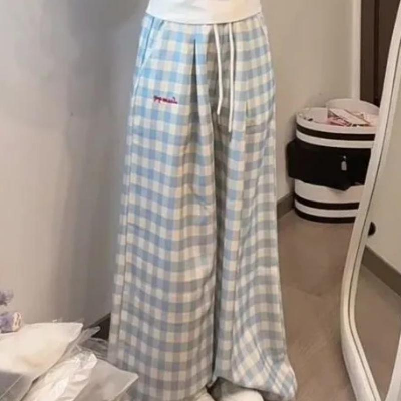 Korean Style Light Blue Plaid Embroidered High-Waisted Wide-Leg Pants