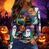 Women's Long Sleeve Round Neck Top with Halloween Print and Side Slit Hem for Casual Wear