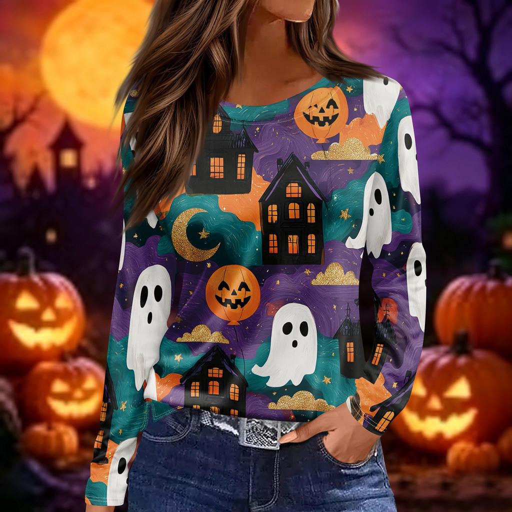 Women's Long Sleeve Round Neck Top with Halloween Print and Side Slit Hem for Casual Wear