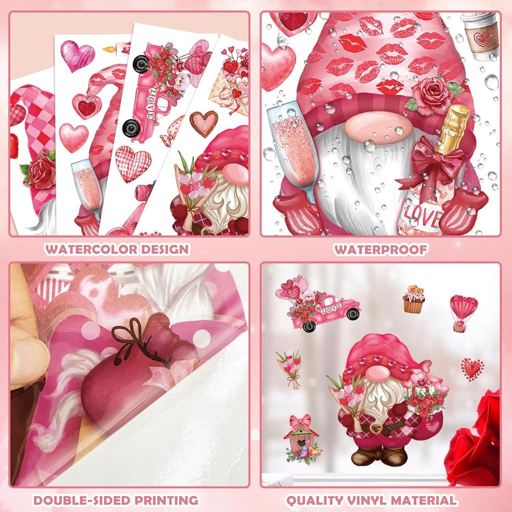 BORAMDO Valentine's Day Window Clings 12 Sheets, Happy Valentine's Day Gnome Decals Stickers, Removable Pink Decorations for Glass Windows, Holiday