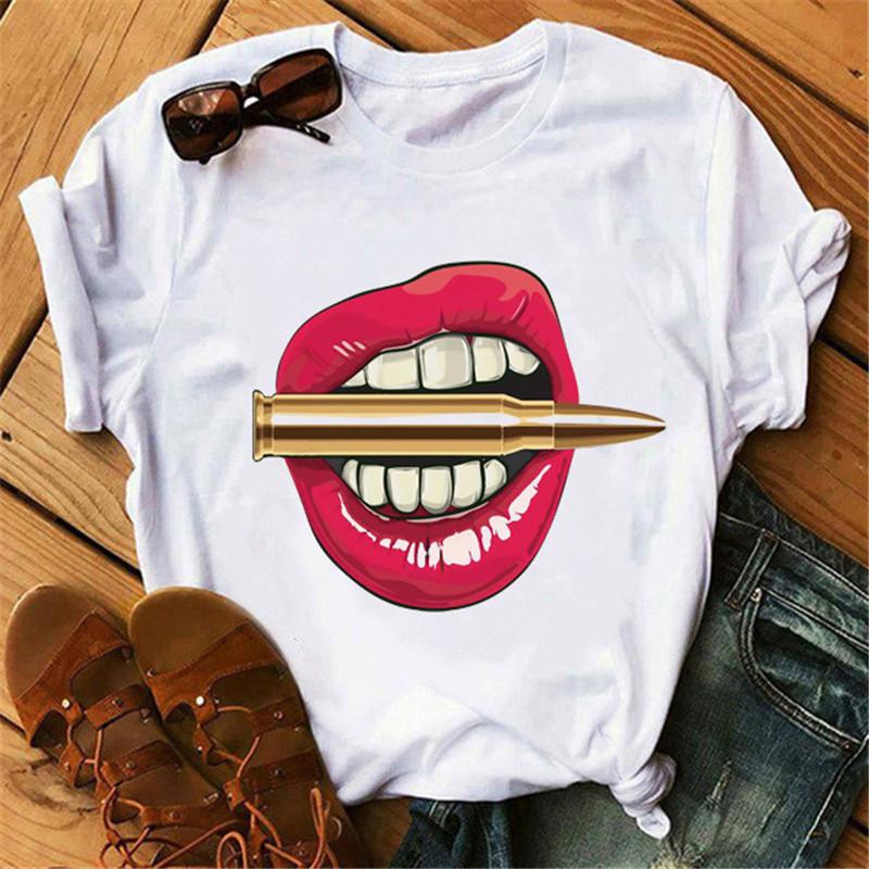 Women Summer T-shirt Red Lips Love Print White Crew Neck Short Sleeve T Shirts Casual Top For Girls
