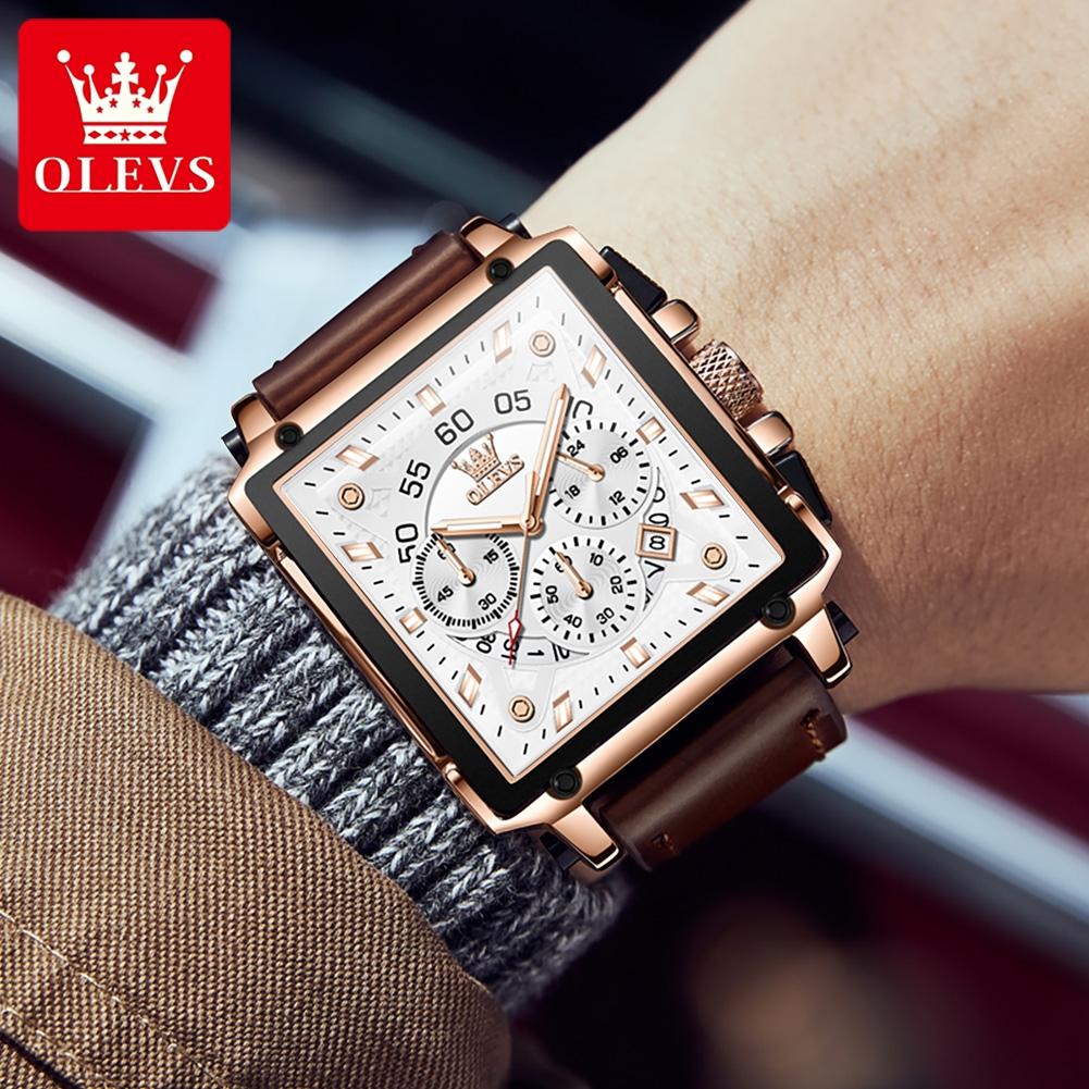 OLEVS Men's Wrist Watch Big Dial Square Quartz Watch for Men Leather Strap Waterproof Chronograph Sports Clock Relogio Masculino