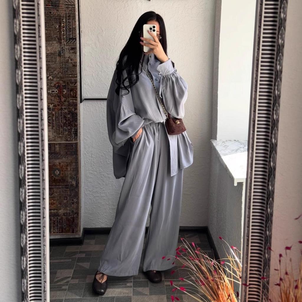 2025 Herbst Damen Übergröße Hemd mit Puffärmeln & Weite Hosen Zweiteiliges Set