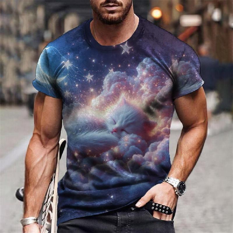 Sternenhimmel Katze Universum Muster Herren T-Shirts Lustiges Tier 3D Druck T-Shirts Sommer Harajuku Kurzarm O-Ausschnitt Oberteile