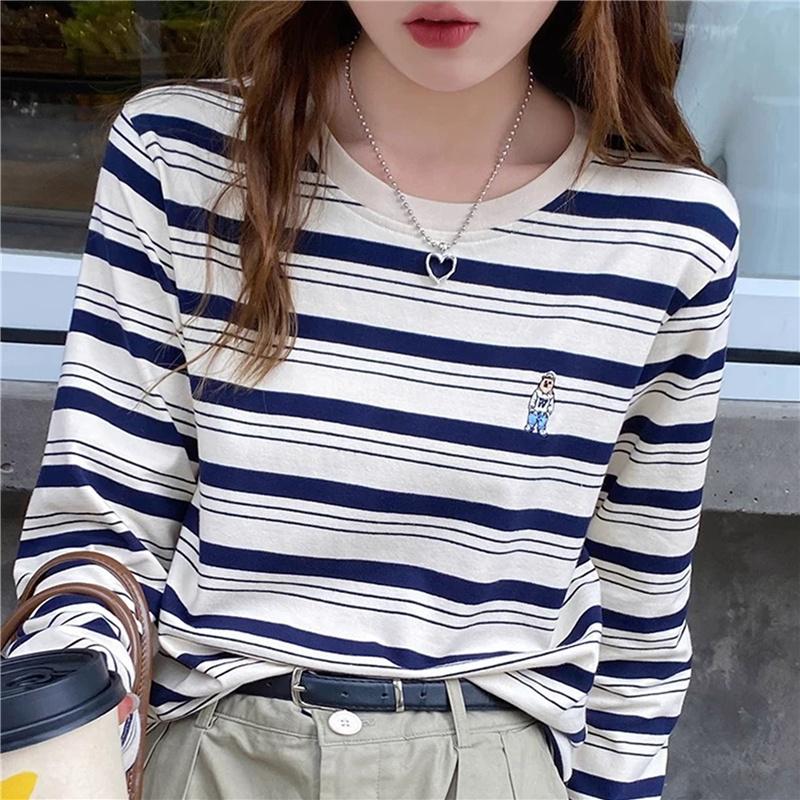 

весна осень молодежная футболка с цветными блочными полосками Повседневная свободная Базовая футболка Женская с длинным рукавом студенческие топы y2k футболка M