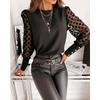 Spring Summer Women's Solid Color Mesh Spliced Long Sleeve T-Shirt, European & American Style Casual Top for Women