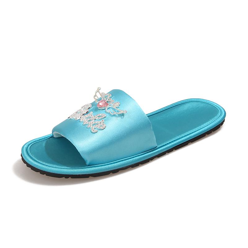 

Модная женская обувь 2025 Лето Открытый носок Женские шлепанцы Кристальная металлическая отделка На плоской подошве Шлепанцы для улицы Повседневные Пляжные сандалии 39 тиффани синий