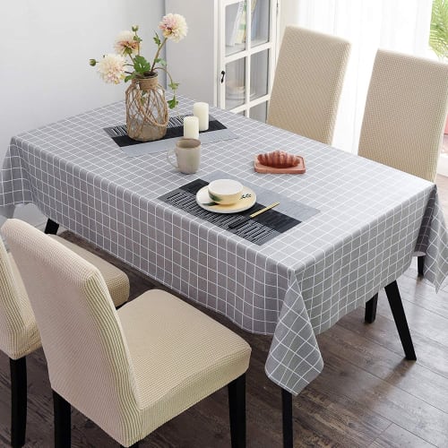 Forhomelife Waterproof PVC Tablecloth, Rectangular, Nordic Style, Heat-Resistant, Non-Slip, Adjustable Length, Water-Repellent, Stylish, Gray, Plaid P