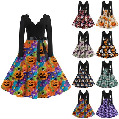 Women's Casual Fashion Long Sleeve Halloween Print Vintage Long Dresses Autumn