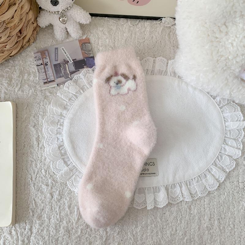 Pink Down-proof Socks - Children's Autumn-winter Warm-up Thickened Mid-calf Socks with Cute Cartoon Dog Design Floor Socks