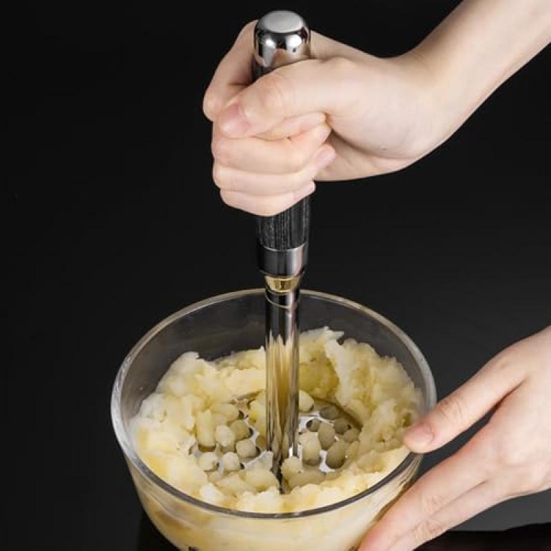 Stainless Steel Potato Masher with Long Wooden Handle, Multi-Purpose Fruit Crusher for Easy Mashing of Various Foods