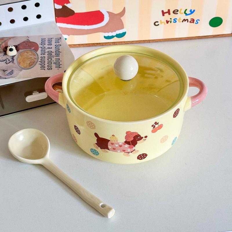 Ins süßer Wurstwelpe Keramik Instant-Nudel-Schüssel mit Deckel binaurale Schneckenpulver-Schüssel Geburtstagsgeschenk für Mädchen Souvenir