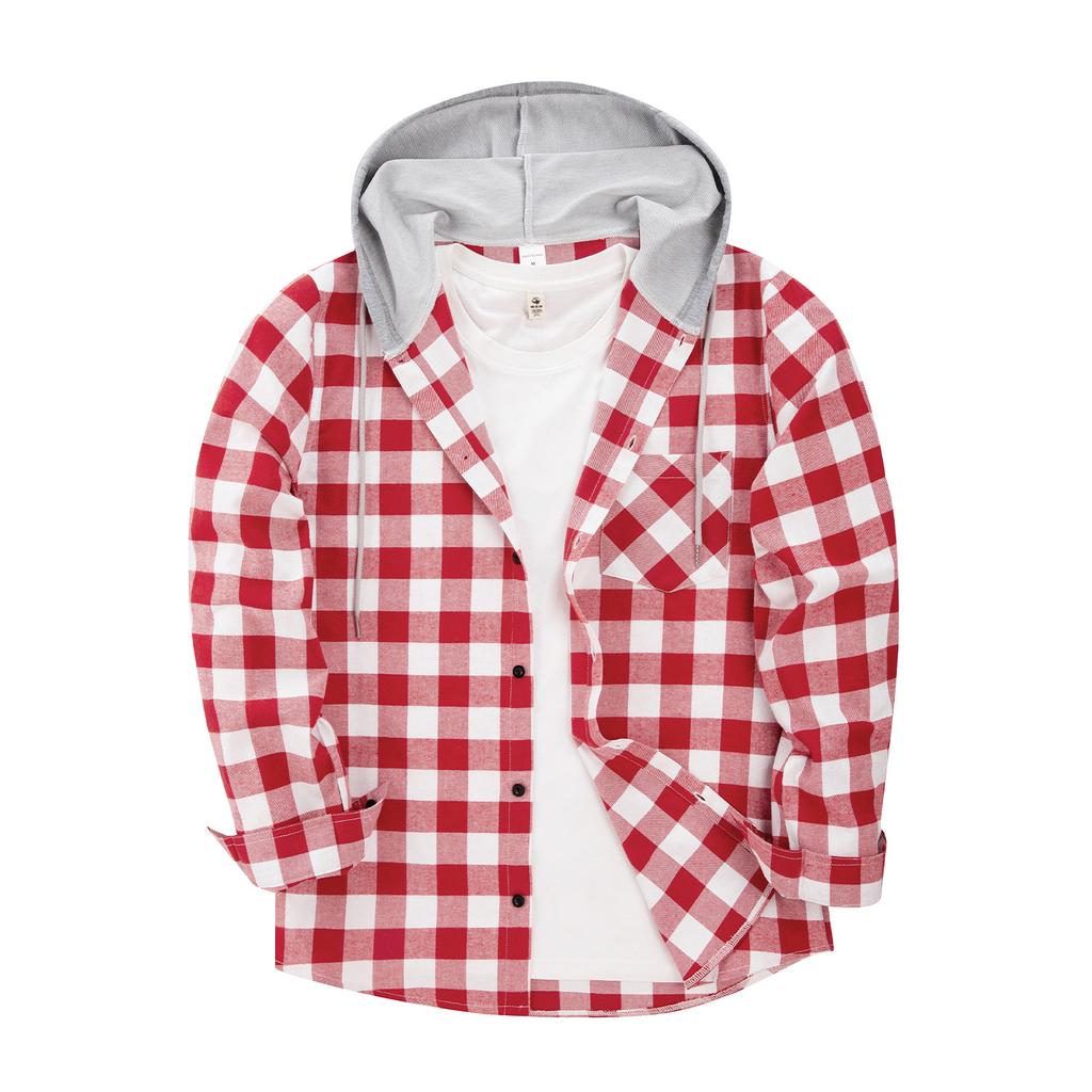 Plus Size Men's Spring And Autumn Loose Casual Long-sleeved Hooded Plaid Shirt Man