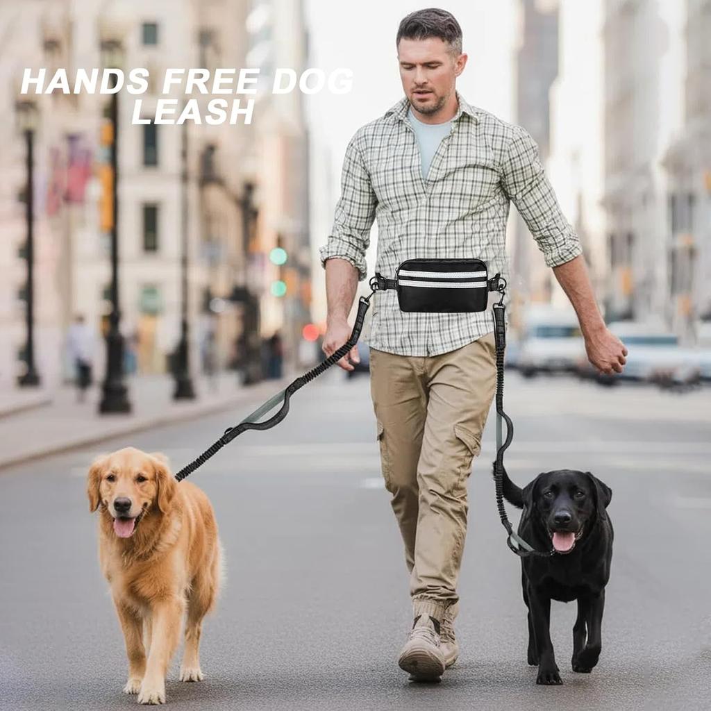 Hands Free Dog Leash for 1-2 Dogs with Zipper Pouch & Bungee Rope | Adjustable Waist Belt, Dual Padded Handles & Safety Lock | Reflective for