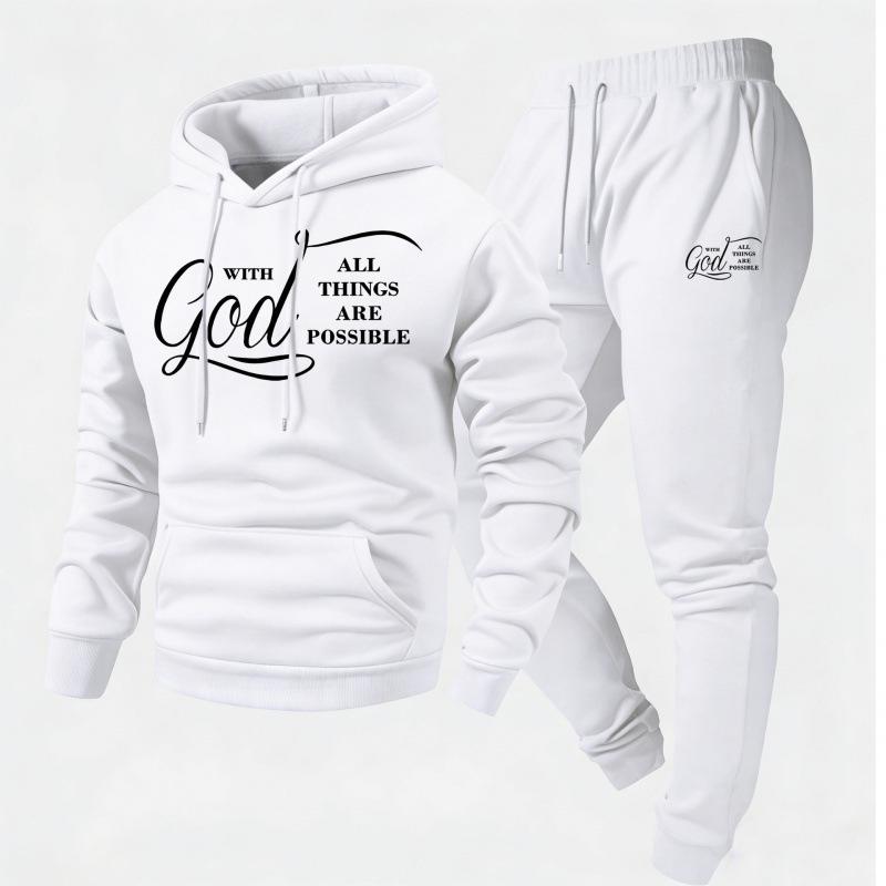 2026 New Style Cross Letter Print Hooded Sweatshirt & Long Pants Men's Y2K Set - European & American Hot Selling