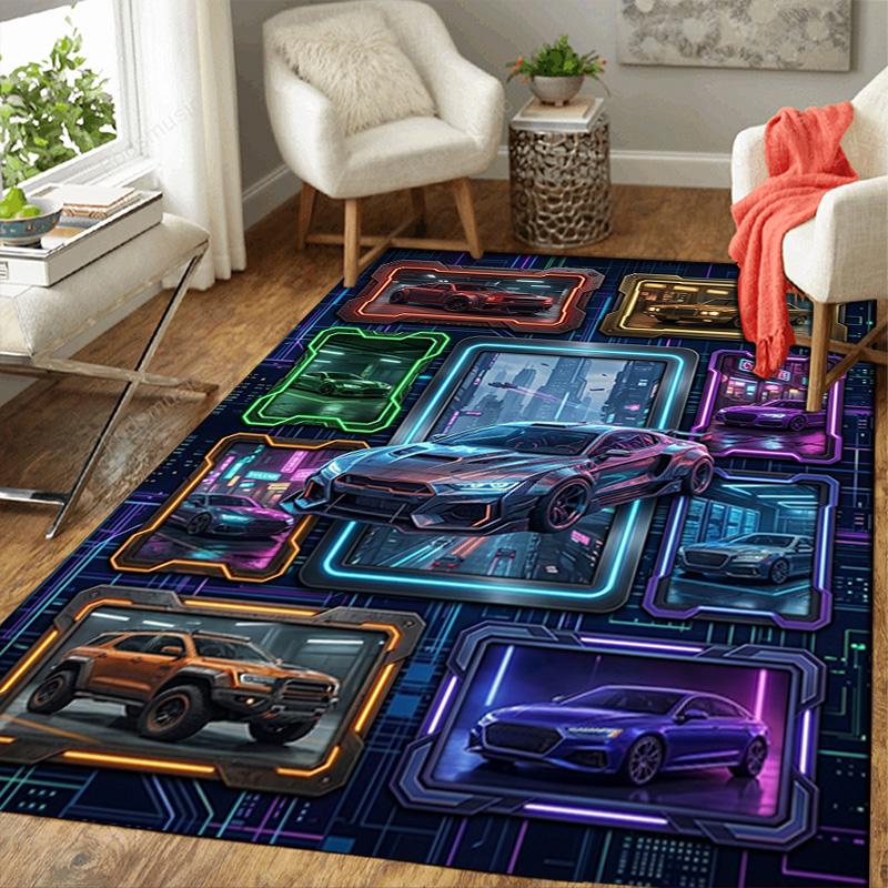 Cyberpunk Car Collection Pattern Rug Floor Mat for Living Room or Bedroom Soft and Comfortable Carpet a Gift for Birthday and Holiday.