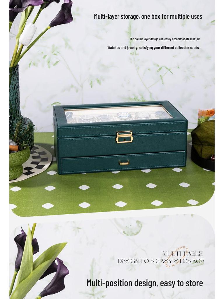 Lychee Grain PU Leather Watch & Eyeglass Storage Box with Multiple Slots