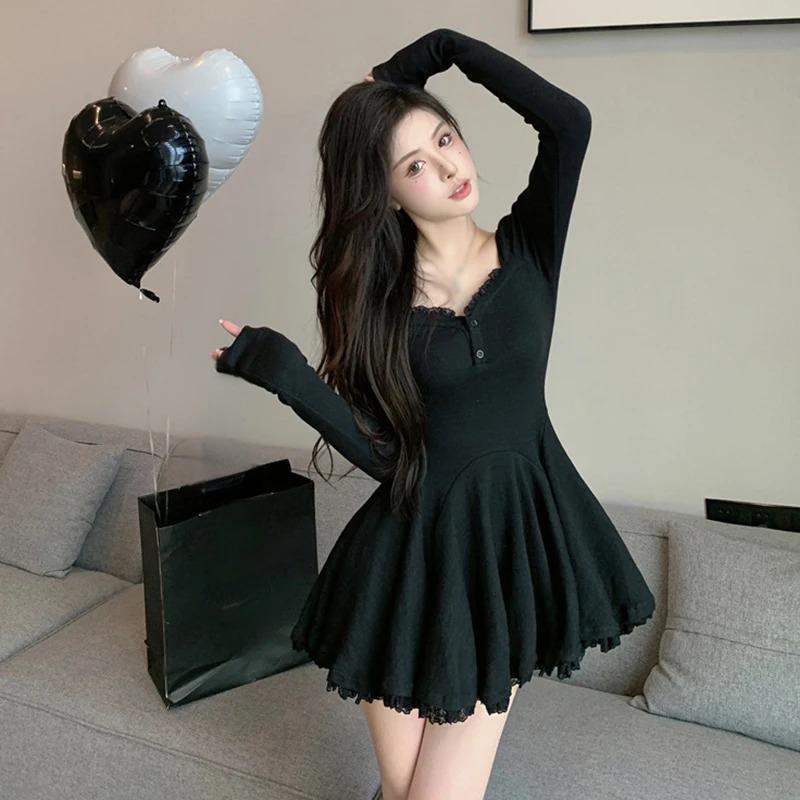 Sexy korejské šaty ve francouzském stylu pas se zavřeným dlouhým rukávem odhalená klíční kost Sladké ležérní večerní společenské oblečení letní móda