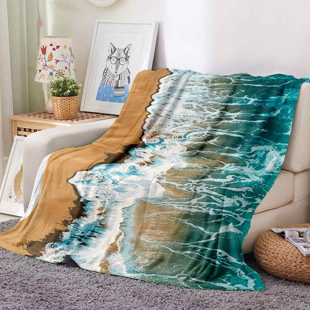 1Pc Ocean Waves Sandy Beach Blanket Soft And Comfortable Casual Warm Camping Travel Christmas Halloween Xmas Gift Em9281