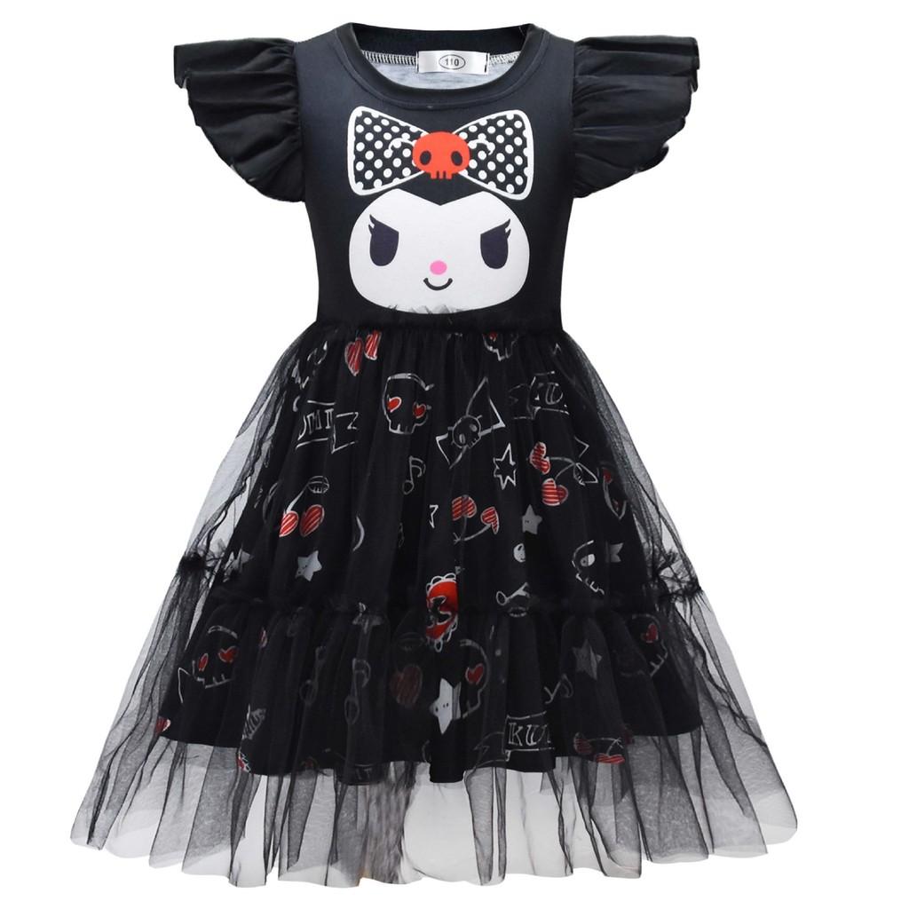98026 Kids Girls Black Kuromi Print Round Neck Mesh Dress 110 чёрный