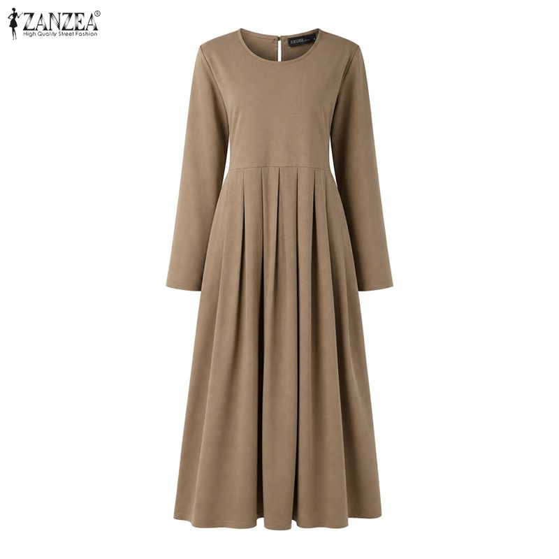 ZANZEA Damen Muslimisch Lässig Rundhals Langarm Locker Kleid