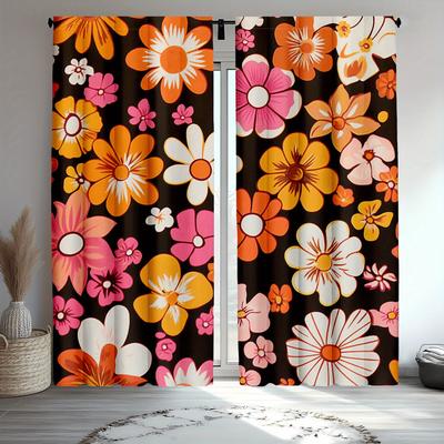 Boho Retro Flower Window Treatments Vintage Floral Design Bedroom Kitchen Groovy Aesthetic Curtains Set Of 2 Made Polyester Decor