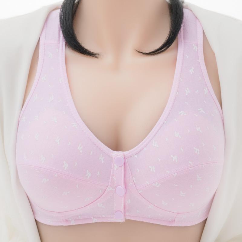 Printed Underwire Cotton Underwear Without Steel Ring Front Opening Buckle Lightweight Breathable Mom's Wide Shoulder Strap Vest Simple Casual