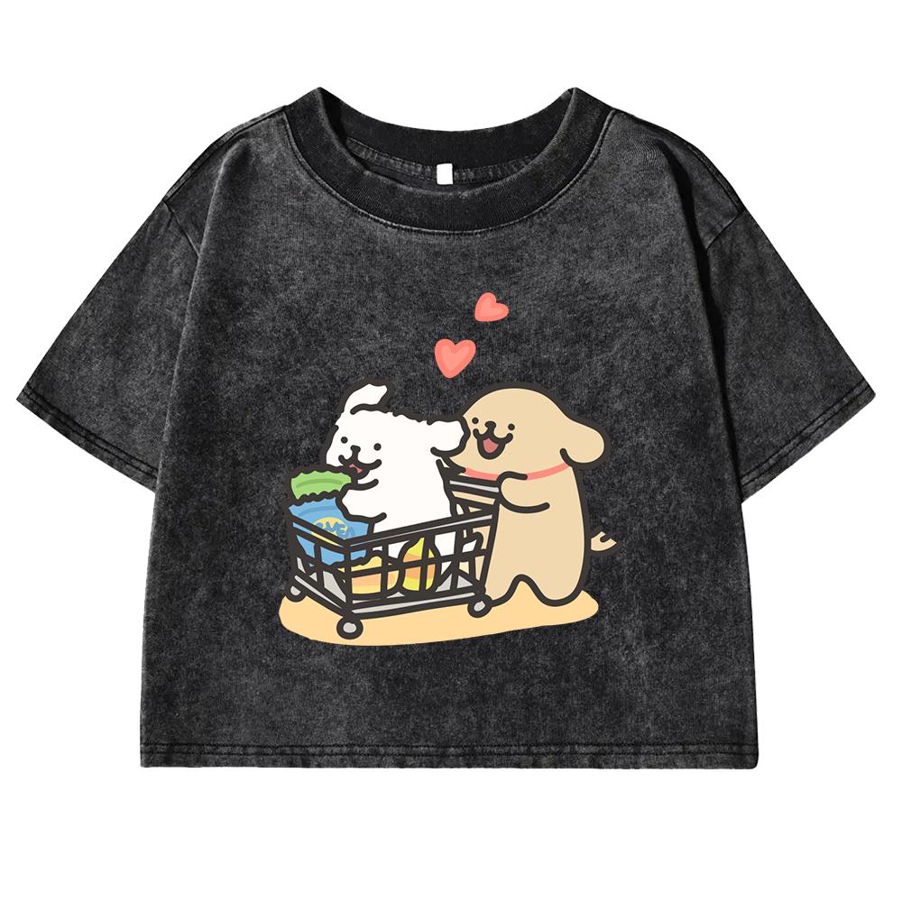 Love Filled With Shopping Carts Print Retro Tee Shirt Washed Fashion Short Sleeve Street Slim Tees Clothes Cotton Top