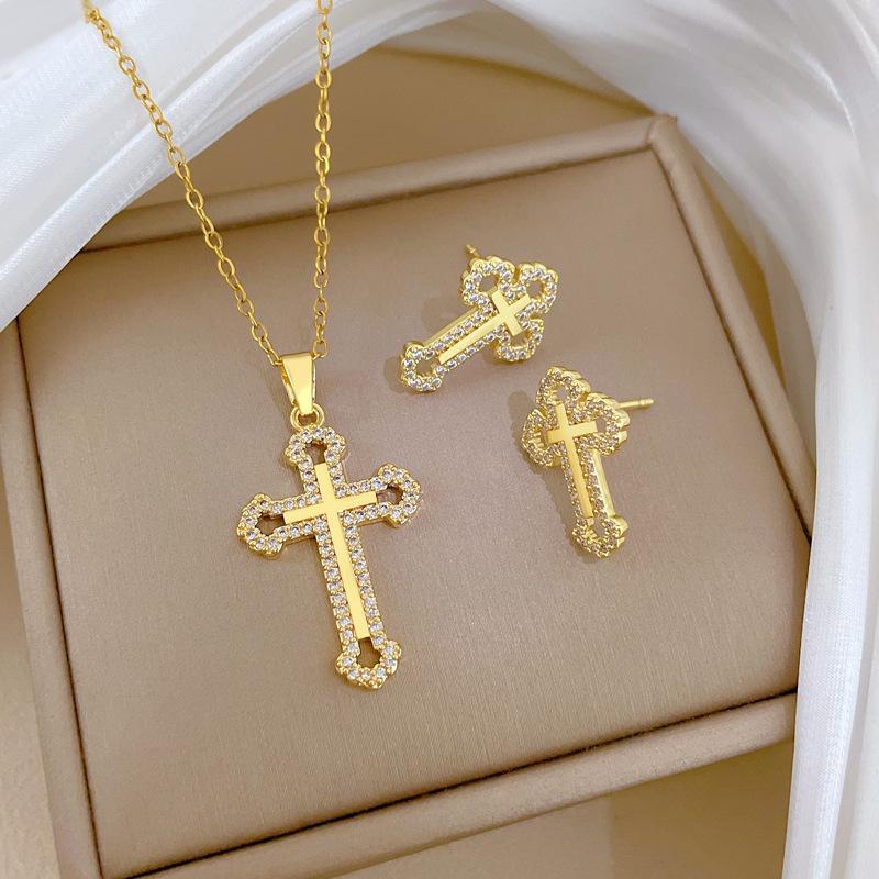 Empty Cross Set Light Luxury Temperament Gorgeous Full Diamond Necklace Female Versatile Clavicle Titanium Steel Chain
