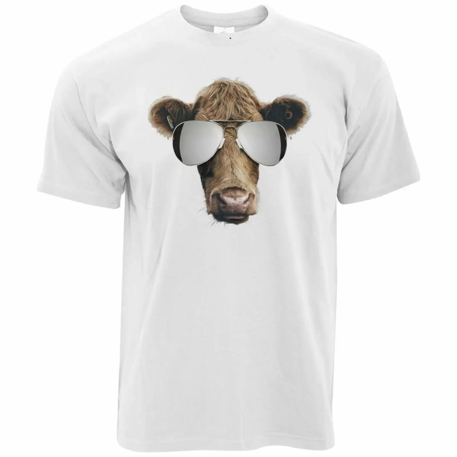 

Mens Summer Art T Shirt Cow Wearing Sunglasses Silly Stylish Hipster Tee S чёрный