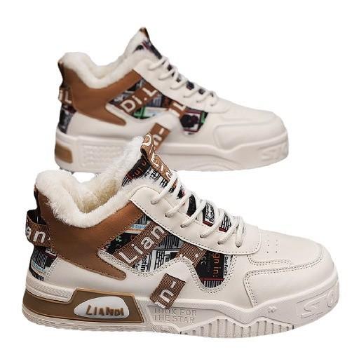 Pánské boty s vysokým svrškem zimní sametové bavlněné boty výklenkový design studentské kožené voděodolné volnočasové sportovní pomoc malé bílé boty