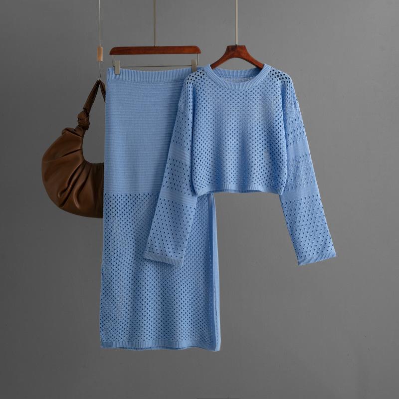 European and American Women's Clothing 2024 New Summer Hollow-out Knitted Shirt Long Skirt Fashion Two-piece Dress