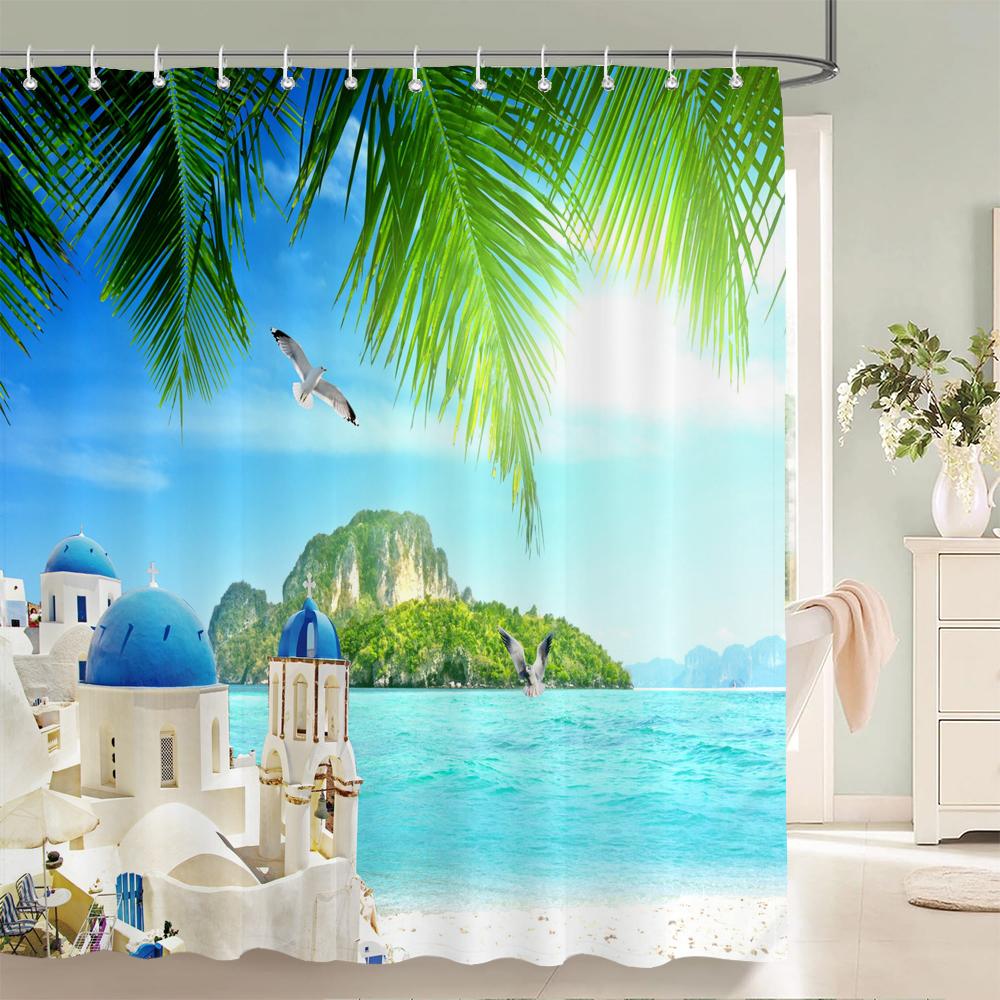 High Quality Sunny Beach Printed Fabric Shower Curtains Sea Scenery Bath Screen Waterproof Products Bathroom Decor with 12 Hooks