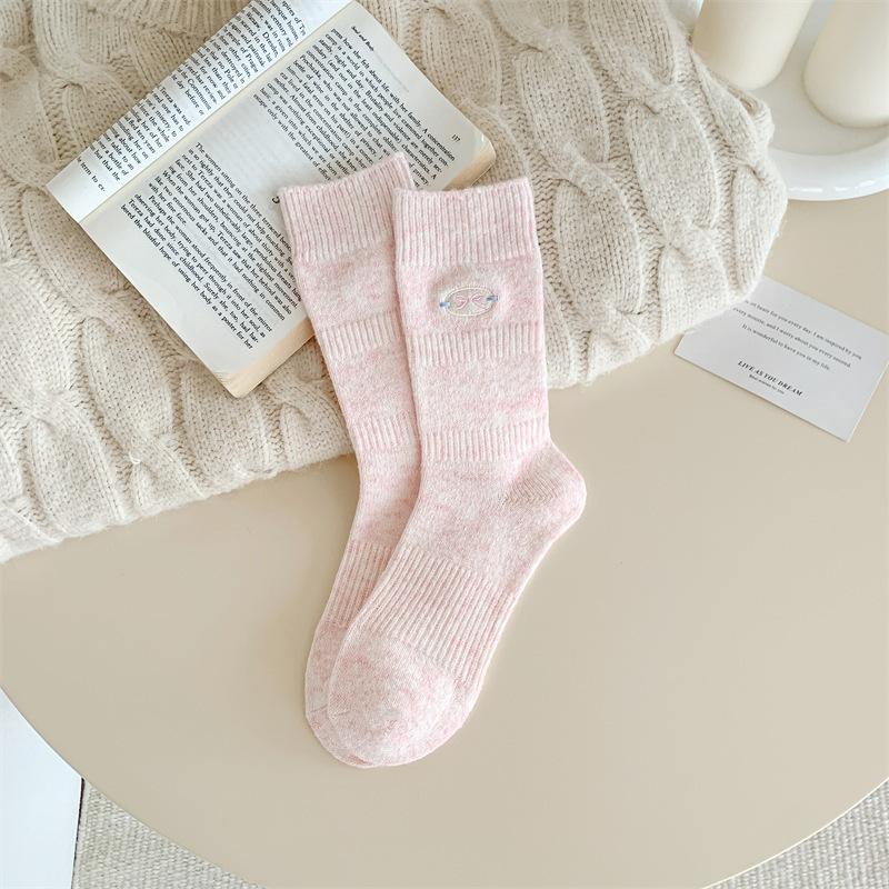 Warm Plush Soft And Waxy Thickened Embroidered Bow Wool Socks Korean Sweet Pile Socks