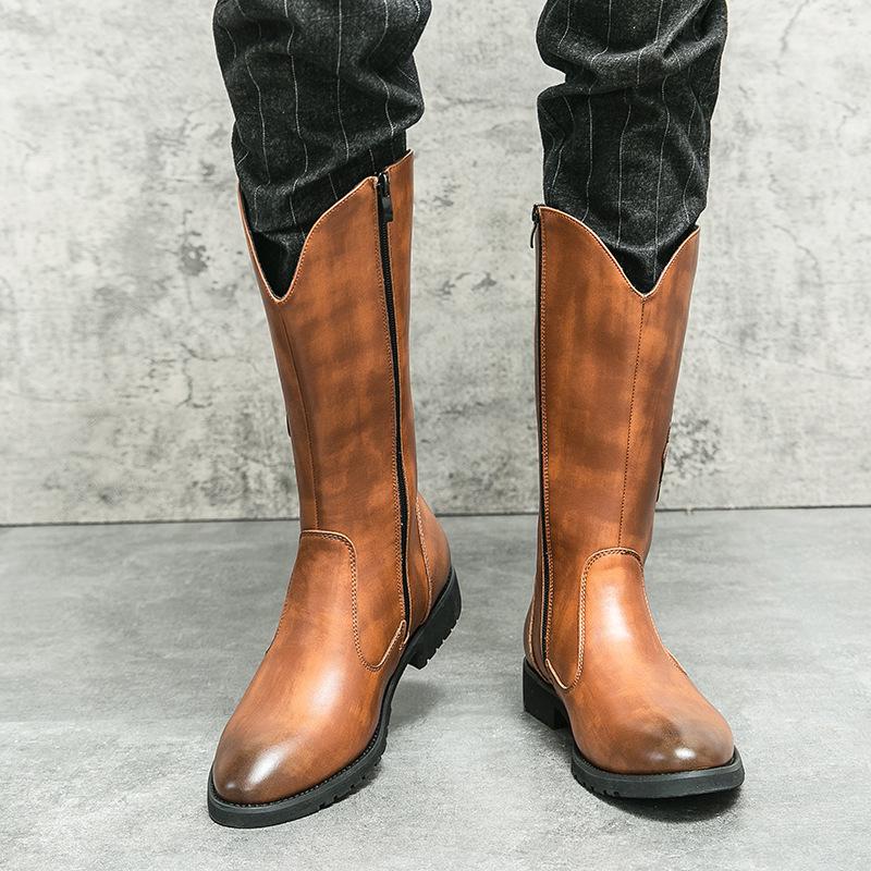 Bottes Western Cowboy en Cuir Mi-Mollet Style Européen & Américain pour Homme avec Fermeture Éclair
