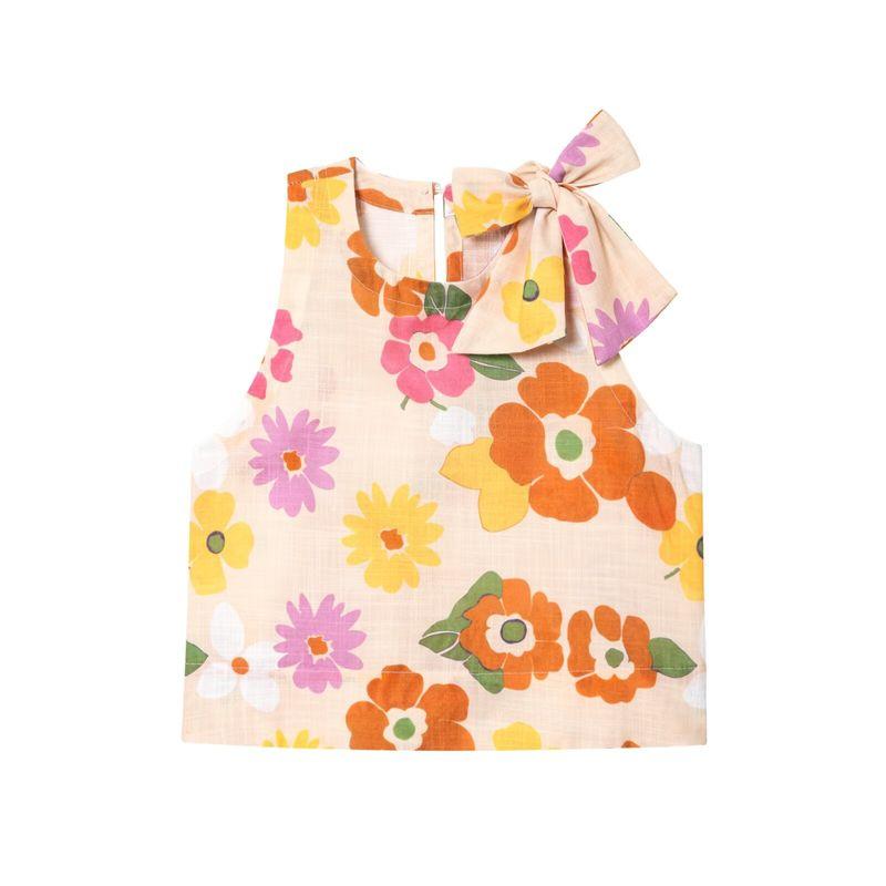 Kaslead New Women Clothes Western Style Fashion Bow Lace-up Sleeveless Imitation Linen Print Top Vest