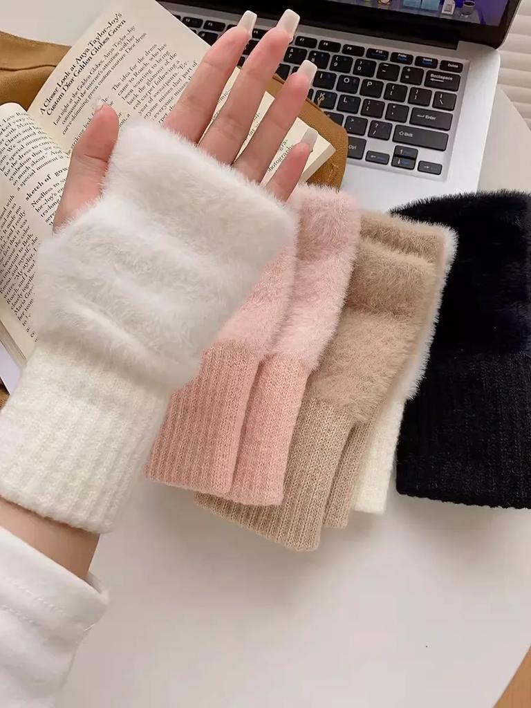 Women Fingerless Gloves Warm Luxury Solid White Plush Knitted Wrist Mittens Writting Soft Winter Half Finger Gloves