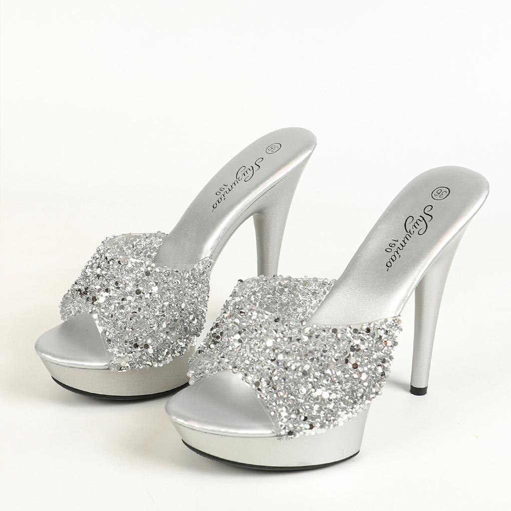 New Arrival Women Summer One Band Slip-on Mule Slippers, 13CM Ultra Thin Stiletto Sky High Heels, Sexy Versatile Heeled Sandals