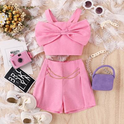 Girls' Sweet Set Summer Children's Fashion Strappy Solid-color Bow Top and Shorts Set